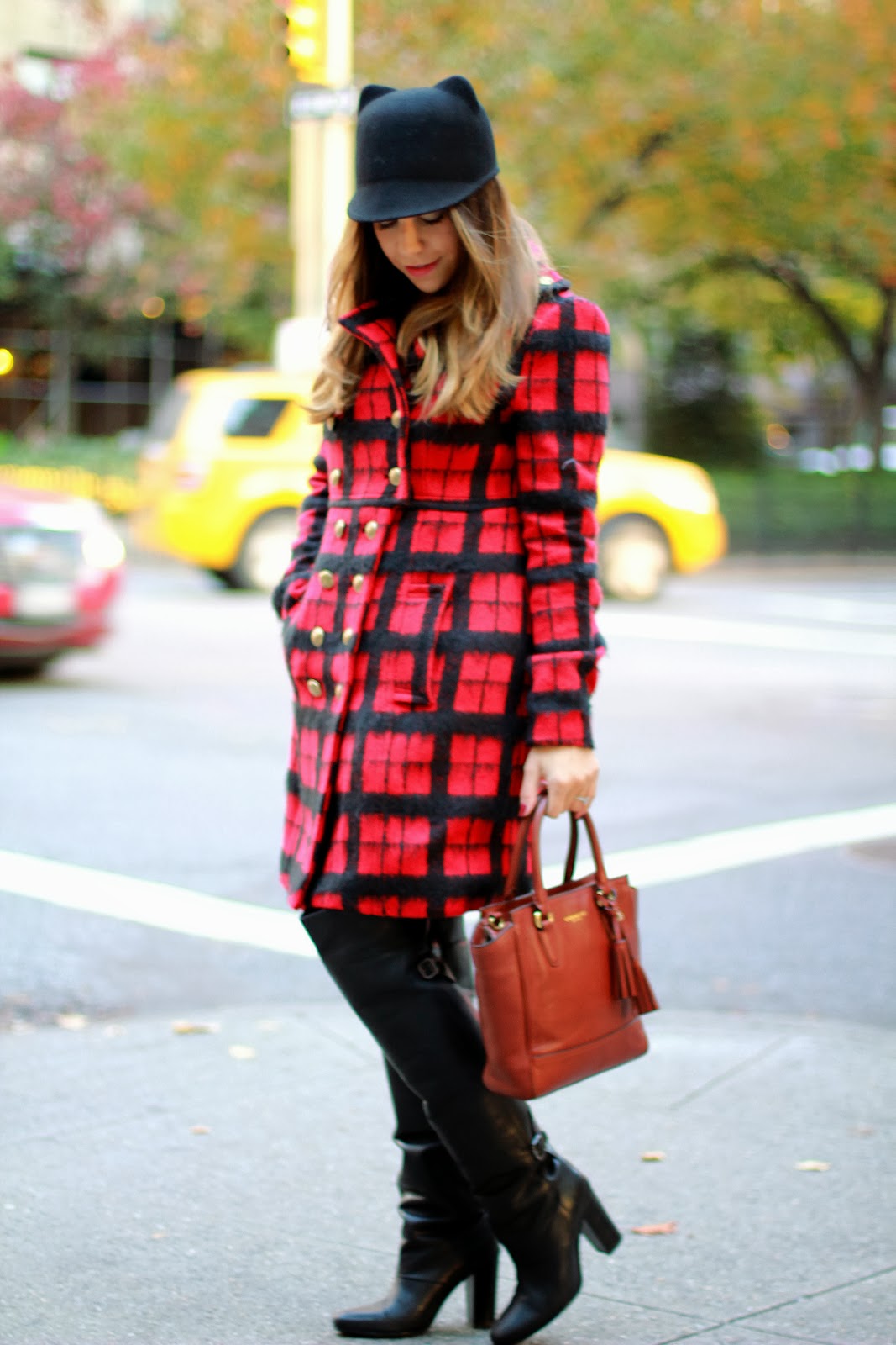 The Corporate Catwalk by Olivia : Red Plaid Coat & Black Boots