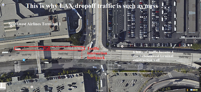 LAX Terminal 1 Satellite View satellite image showing Southwest construction wall causing traffic problems