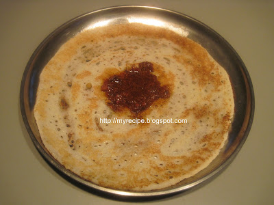 Dosa with Mulakaipodi, with rice/ lentil batter with spicy chili powder