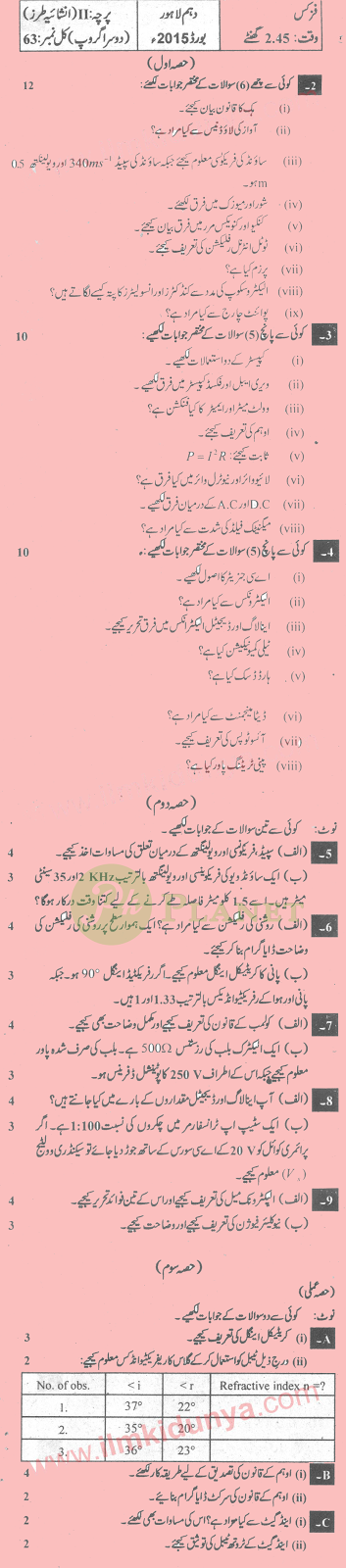 Past Papers of Physics 10th Class Lahore Board 2015