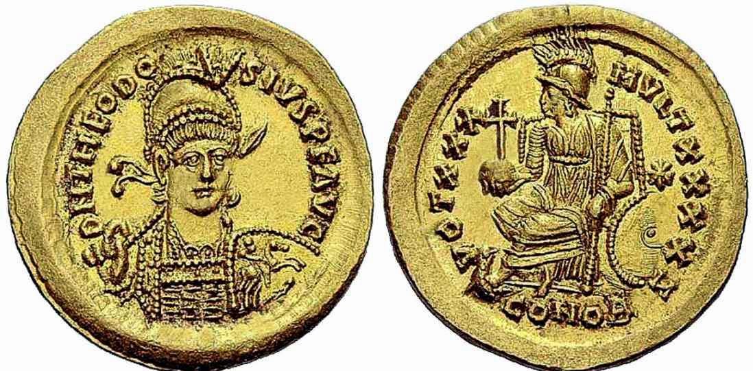 Moneda del emperador romano Teodosio II