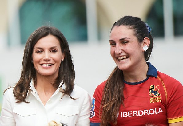 Queen Letizia wore Mint & Rose Sardinia suede shoes. at Rugby Stadium of the Complutense University