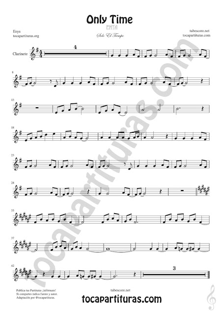 tubescore  Only Time Clarinet Sheet Music by Enya Ballad Music Score