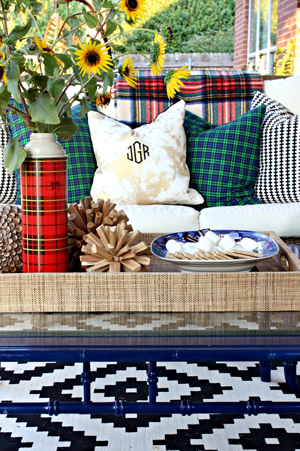 plaid pillows, outdoor living area, coffee table styling, fall decorations, patio, s'mores, bamboo coffee table, vintage plaid thermos