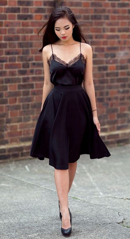 elegant outfit idea / silk black dress and heels