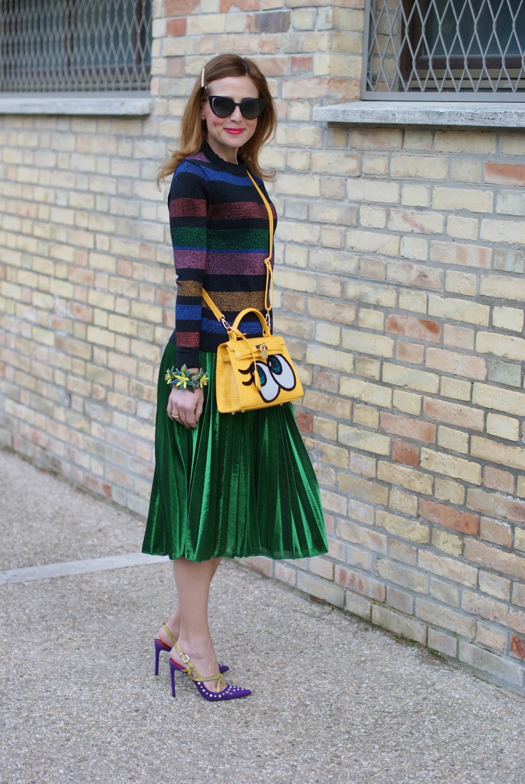 green metallic pleated skirt, striped metallic blouse, Cesare Paciotti heels on Fashion and Cookies fashion blog, fashion blogger style