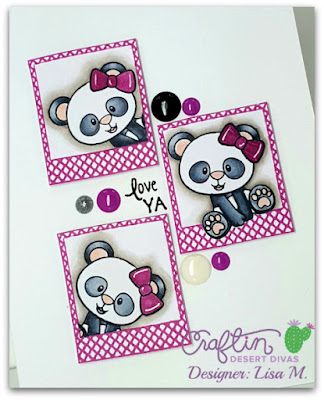 Panda Pals Love Ya Card This is a picture of a white, purple, silver and black greeting card with three pandas set in frames with Love Ya Sentiment.