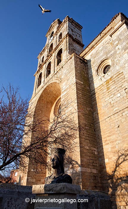 Busto de Catalina de Austria, reina de Portugal, que nació en Torquemada, e iglesia de Santa Eulalia donde fue velado el cadáver de Felipe el Hermoso durante cuatro meses.Torquemada. Palencia. Castilla y León. España © Javier Prieto Gallego