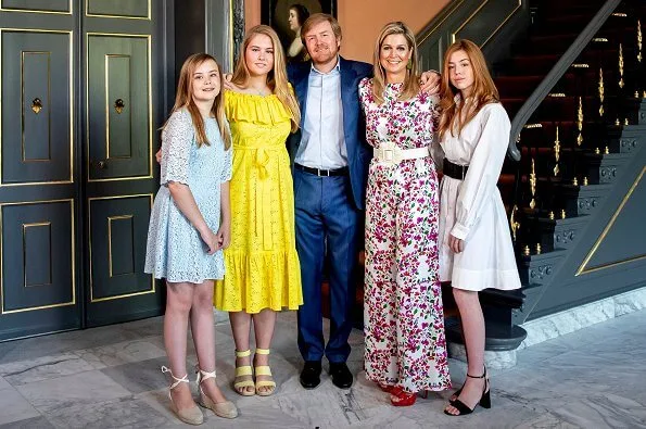 Queen Maxima wore a floral print silk jumpsuit by Seren. Princess Amalia wore a new cotton midi dress by Lisa Marie Fernandez