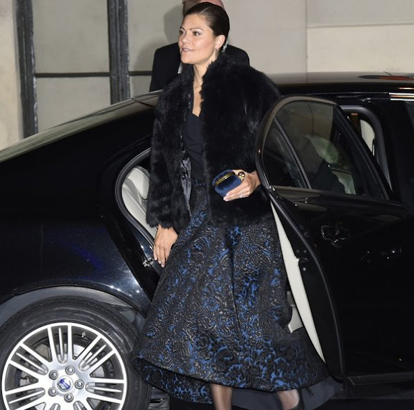 Crown Princess Victoria wore Alice + Olivia Floral Jacquard High-Low Skirt, By-Malina-Elsa-Coat, Marchesa-Lily Satin Clutch