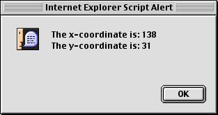 An alert( ) box showing the coordinates of a click on the image