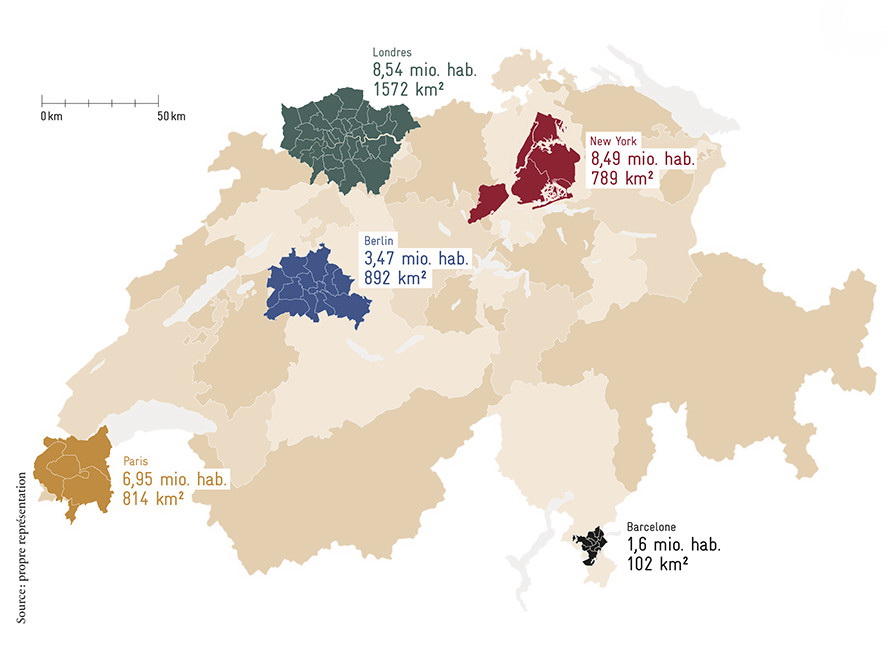 A map of Switzerland showing how some global cities occupy a smaller surface area than some Swiss “metropolitan areas”. A map of Switzerland showing how some global cities occupy a smaller surface area than some Swiss “metropolitan areas”.