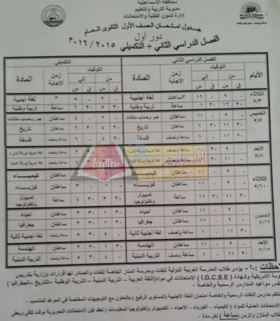 محافظة الاسماعيلية: جداول امتحانات الترم الثاني 2016 كل المراحل 9-10