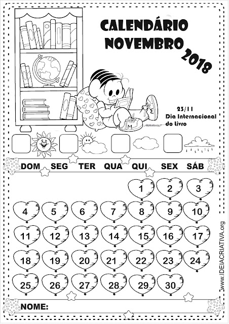 Calendários Novembro 2018 Turma da Mônica com e sem numeração para imprimir