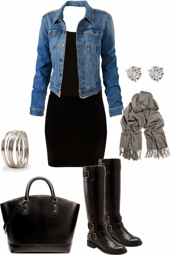 Fashionable Woman Outfits Black dress with jean jacket ,scarf ,black
