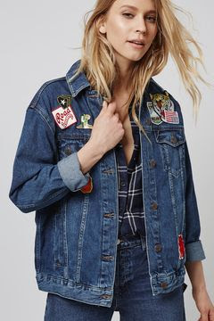 Patches on my boyfriend's denim jacket, $95 from Topshop