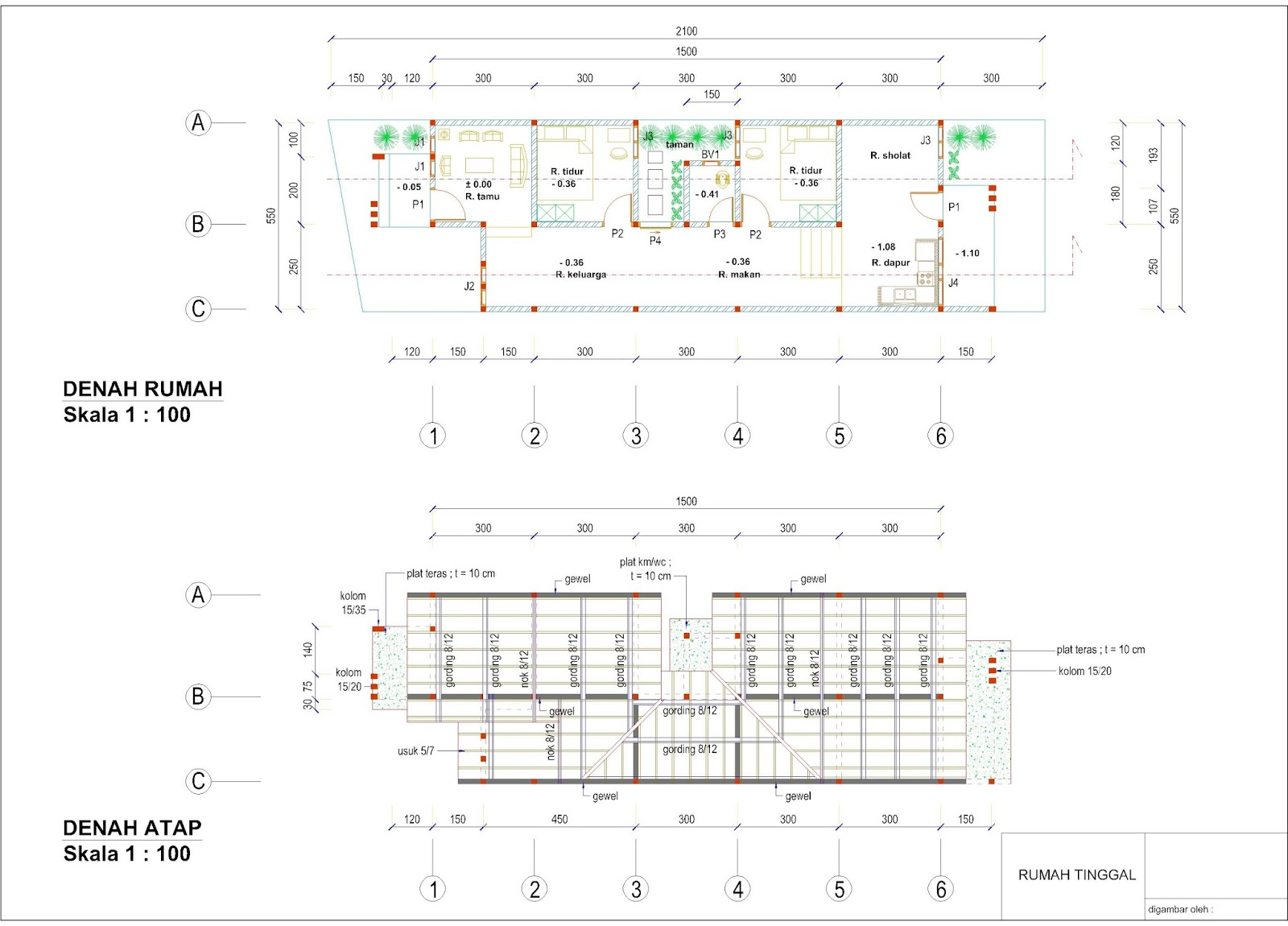 Denah rumah 5,5 m x 15 m memanjang | Desain Rumah Unik