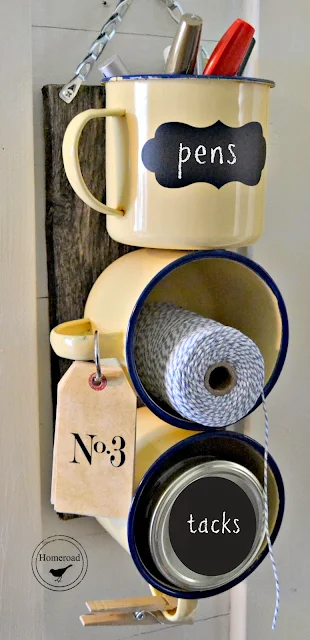 Yellow enamelware mugs with chalkboard tags