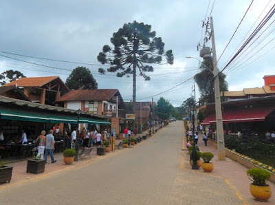 A avenida central de Monte Verde reúne lojas, restaurantes, bares e lanchonetes, sendo uma das poucas vias pavimentadas do recanto na Serra da Mantiqueira.