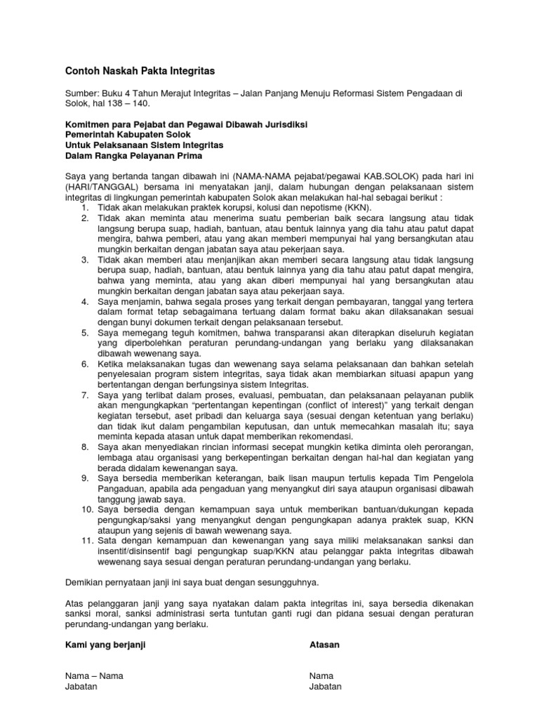 Contoh Pakta Integritas Wood Scribd Indo