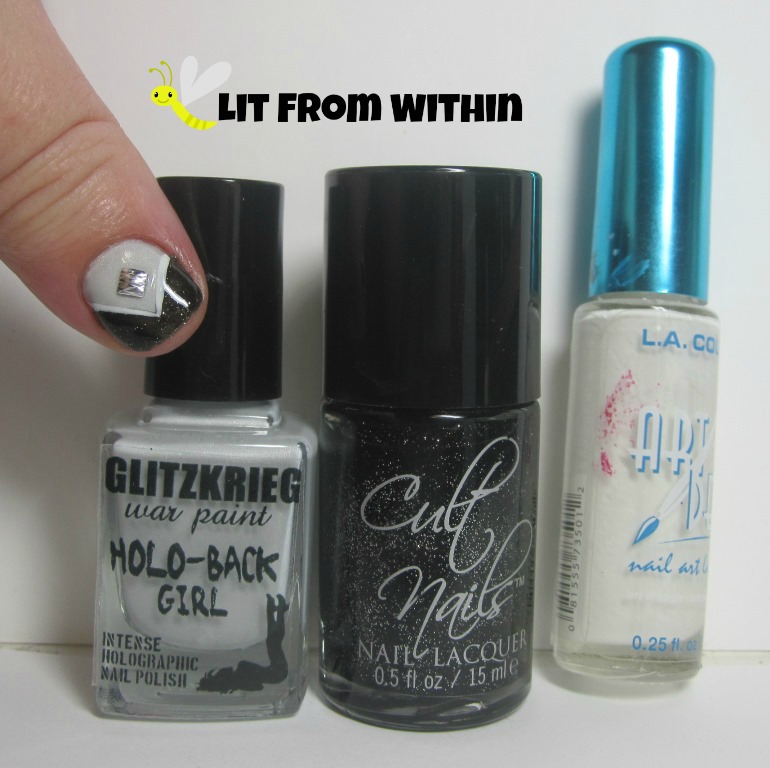 Bottle shot:  Glitzkrieg War Paint Purity, Cult Nails Ignite, and a white striper.  