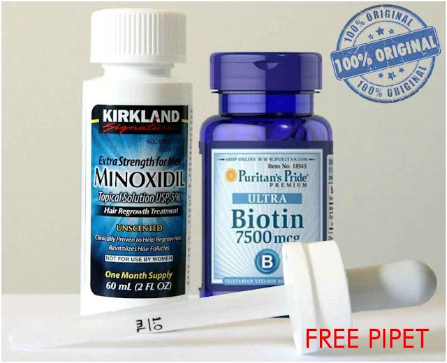 Liquid Kirkland Minoxidil 5% + Biotin 7500 mcg isi 50 - Penumbuh Rambut Pria, Penumbuh Brewok, Jenggot dan Rambut