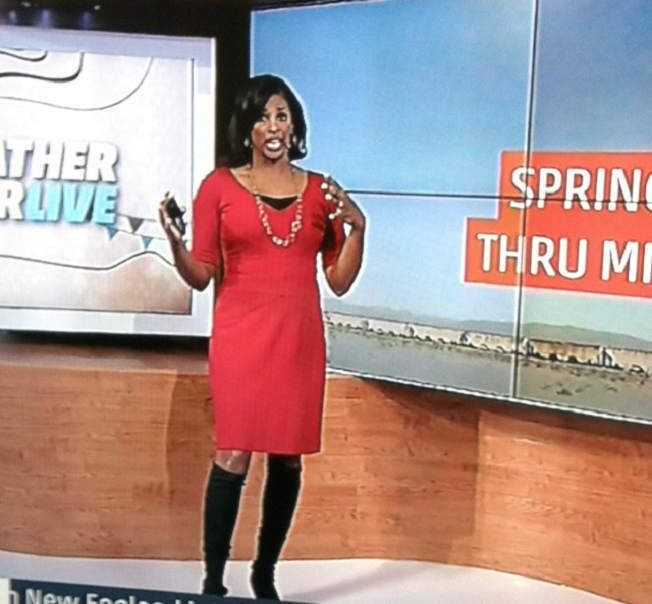 THE APPRECIATION OF BOOTED NEWS WOMEN BLOG : VIVIAN BROWN WORE TALL BLACK  SUEDE BOOTS ON THE WEATHER CHANNEL