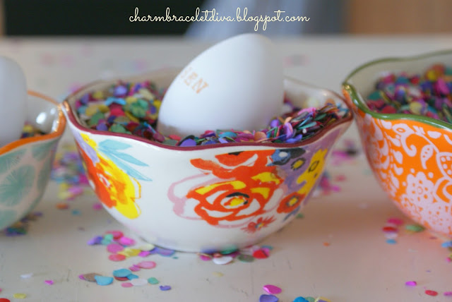 Hand stamped Easter eggs in Pioneer Woman measuring cups confetti