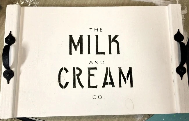 Rustic milk and cream stenciled tray.