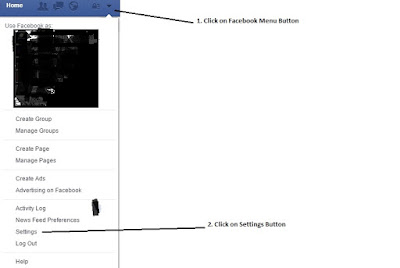 Step 1: Click on facebook menu button, Step 2: Click on settings button