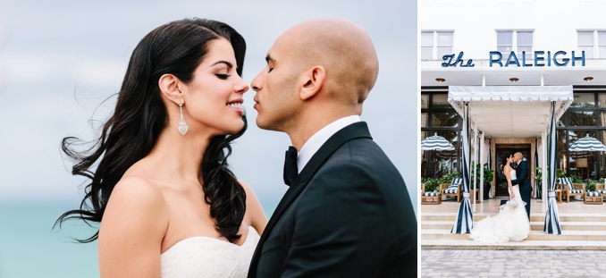 portraits of the bride and groom at the iconic raleigh hotel in south beach