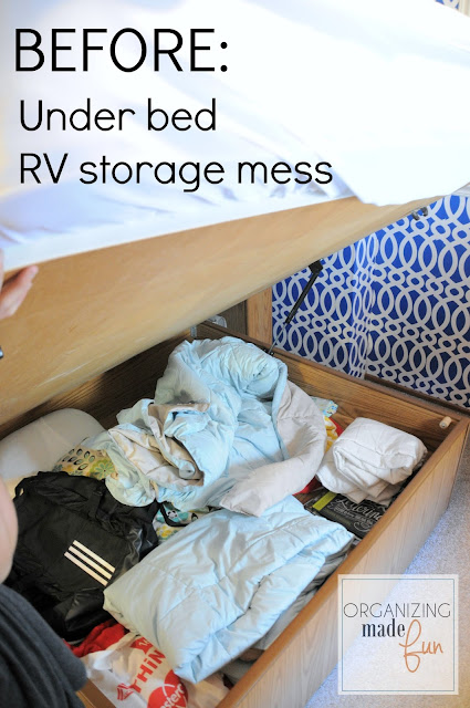 BEFORE: Under bed RV storage mess BEFORE: Under bed RV storage mess