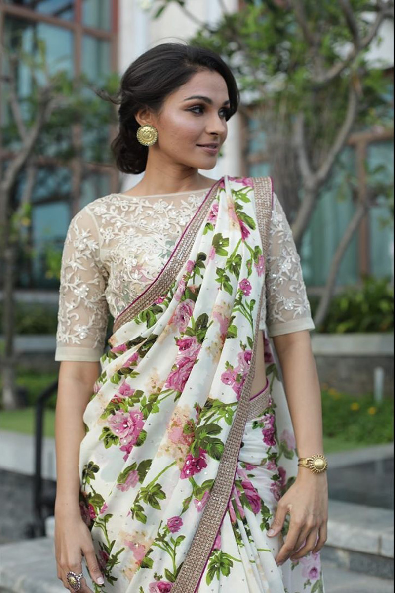 Andrea Jeremiah Looking Hot In Floral Saree Pics