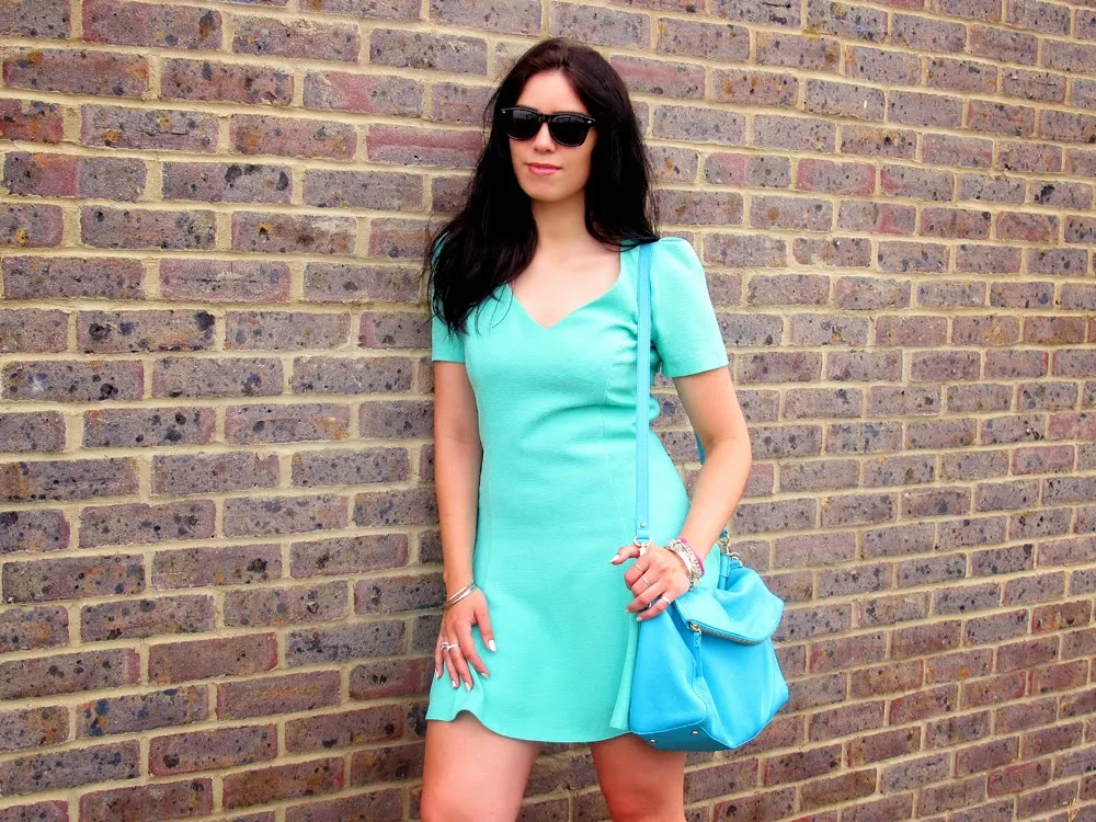 London fashion blogger Emma Louise Layla in mint green Miss Selfridge dress