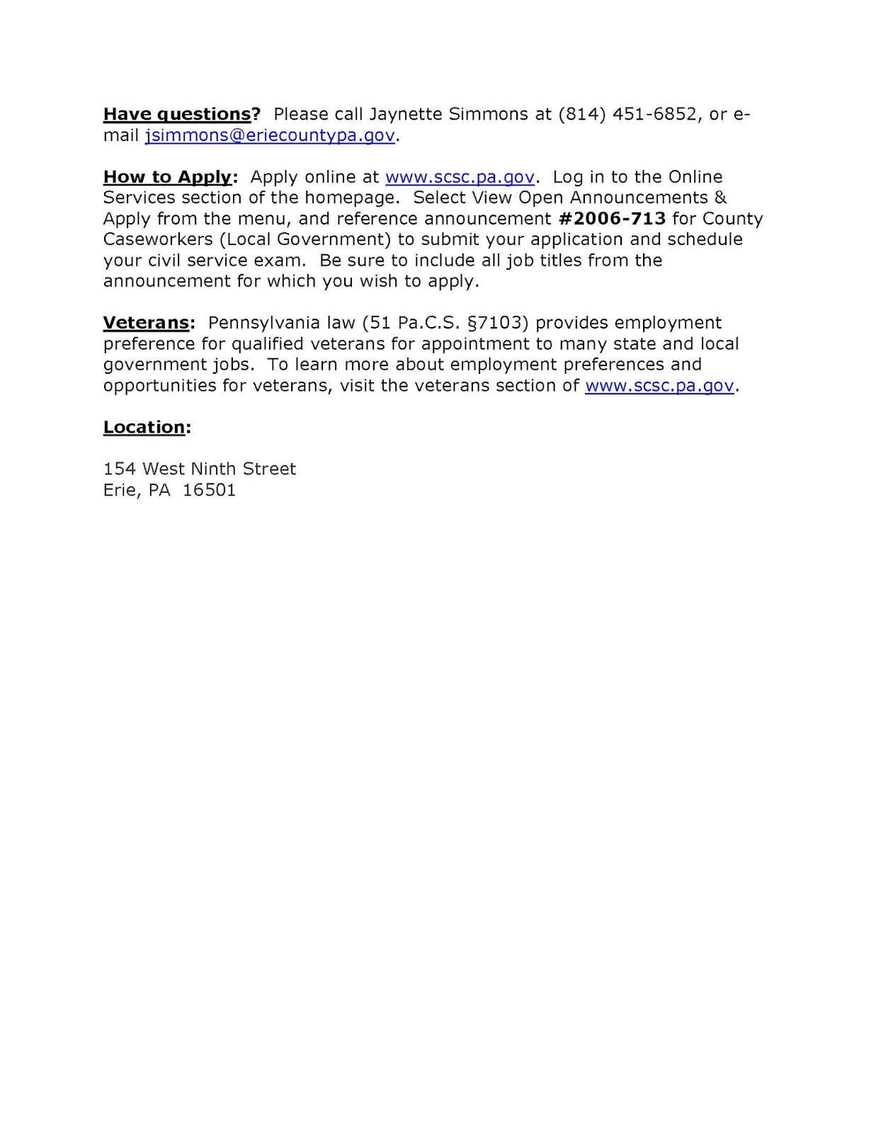 CCJSUSG News and Updates Job Opportunity Caseworker Erie County PA