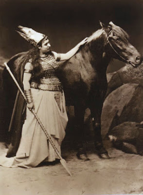 Amalie Materna, the first Bayreuth Brünnhilde, with Cocotte, the horse donated by King Ludwig to play her horse Grane