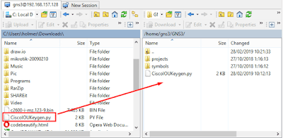 Mengupload file CiscoIOUKeygen ke dalam GNS3 VM
