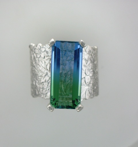 Chimera Design: Big bi-color quartz set in patterned sterling ring.
