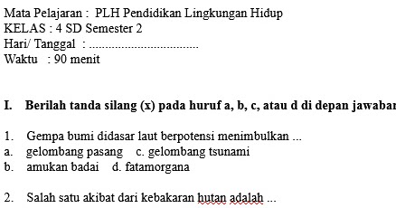 Soal Ukk Uas Plh Pendidikan Lingkungan Hidup Kelas 4 Sd Semester 2 Dokumen Psikotes Dan Soal Ujian Sekolah