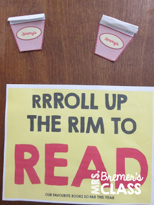Roll Up the Rim...to Read! This Tim Horton's themed display shows what books students are reading.