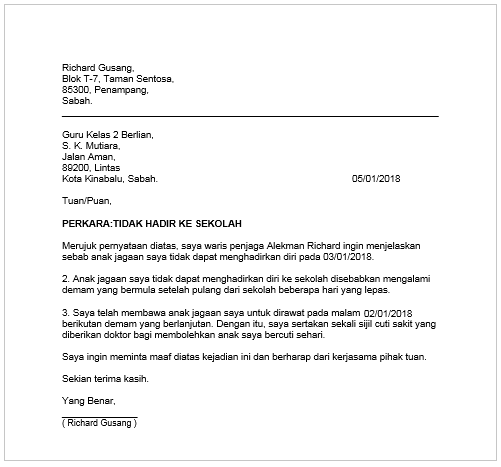 Contoh Surat Rasmi Tidak Hadir Ke Sekolah Kerana Sakit 