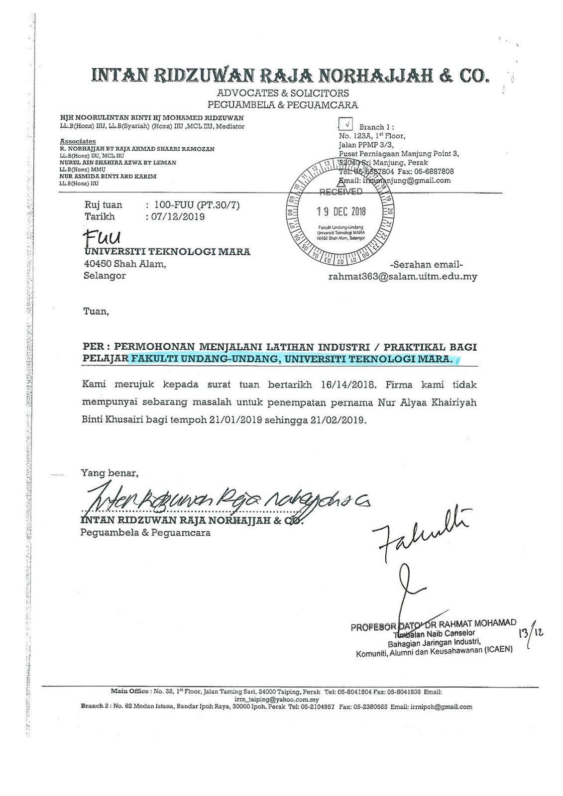 Latihan Industri Fakulti Undang Undang Uitm January 2019