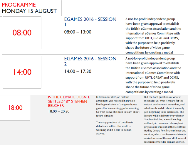 PROGRAMME MONDAY 15 AUGUST eGames 2016 Session 1 2 STAKE Climate Debate Settled Stephen Belcher British House