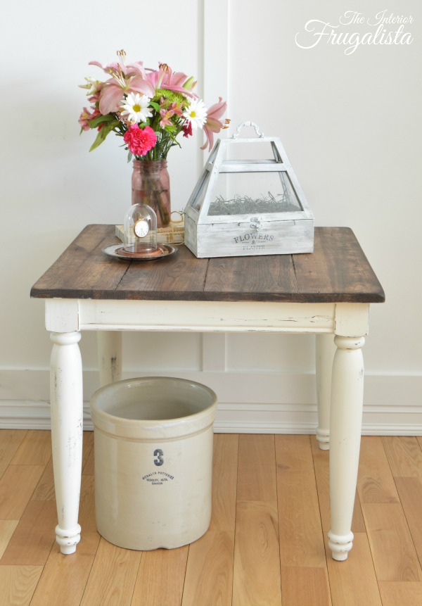 White chalk painted farmhouse side table makeover