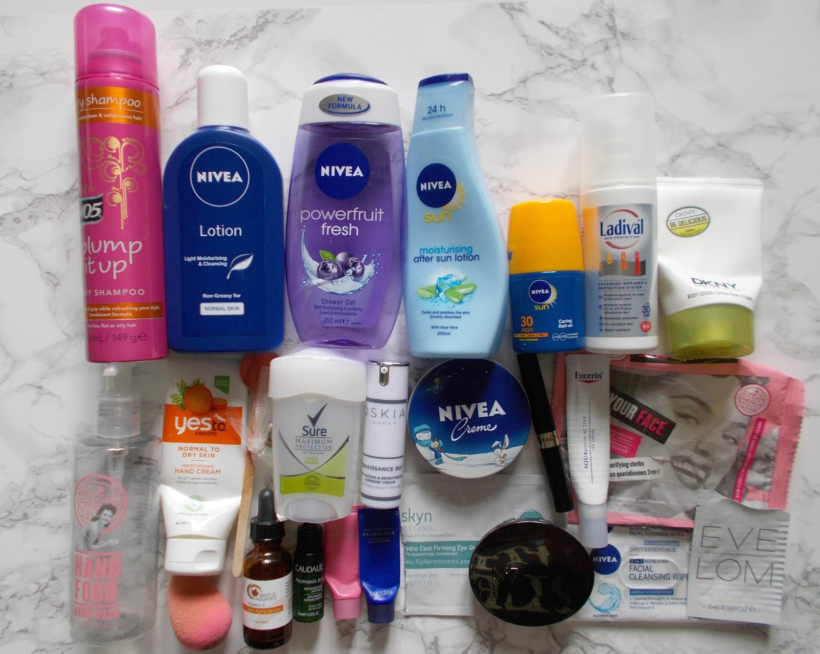 product empties 11 nivea vo5 soap and glory sure no7 beuty blender lush dkny yes to maple holistics