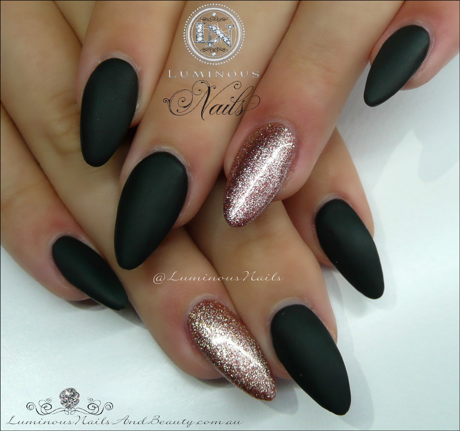 Luminous Nails Matt Black Rose Gold Acrylic Gel Matt Black Rose Gold Acrylic Gel Nails