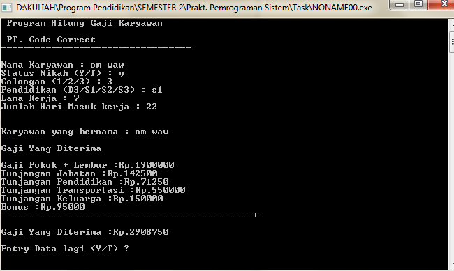 CONTOH PROGRAM C++ MENGHITUNG GAJI KARYAWAN (TANPA TABEL)