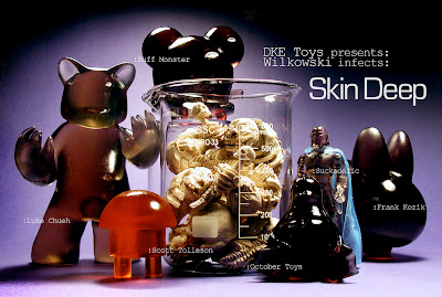 Skin Deep Custom Resin Figures by Scott Wilkowski - Luke Chueh's “Possessed,” Scott Tolleson's “Otis & Otto,” Buff Monster’s “Buff Monster”, October Toys “Gwin,” Suckadelic's “Sucklord” and Frank Kozik's “Labbit”