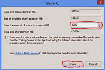 Screenshot: Shrink disk space