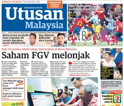 Harga saham FGV kembali melonjak, Harga saham Felda Global Ventures Holdings Bhd (FGV) hari ini kembali melonjak selepas jatuh ke tahap RM4.57 – hanya dua sen lebih tinggi daripada harga tawarannya pada RM4.55.